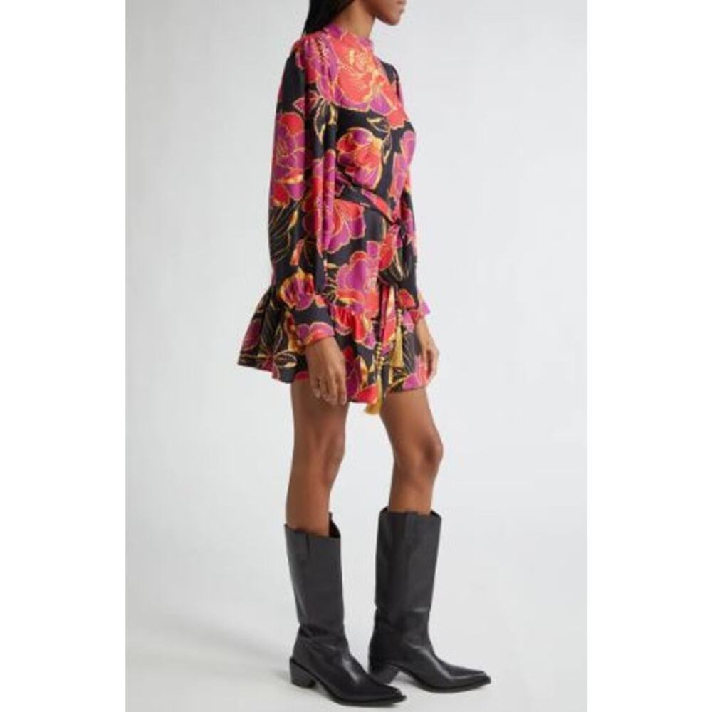 Farm Rio Shiny Chita Floral Print Long Sleeve Minidress Tiered Black Size Small - Picture 4 of 9